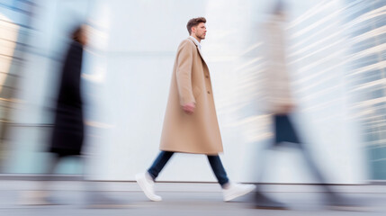 Fototapeta premium Amidst a vibrant cityscape, stylish figures walk purposefully along a polished pathway, exuding confidence and elegance. The blurred motion captures their dynamic energy and fashionable attire.