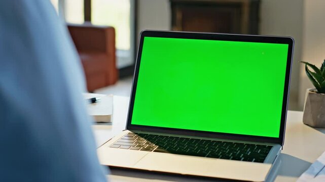 Unknown worker watching mockup laptop computer sitting at home desk zoom out