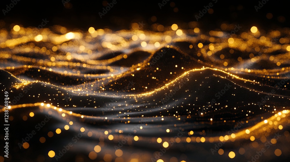 Poster waves of golden particles undulating in the darkness create a mesmerizing visual experience of depth