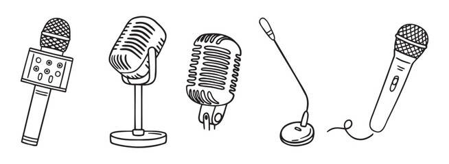 podcasting microphone recording mic doodle hand drawn icon set. Outline drawing microphone line clipart symbol