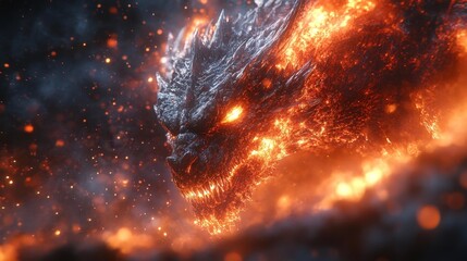 Close-up of fiery dragon head with molten lava details. Generative AI