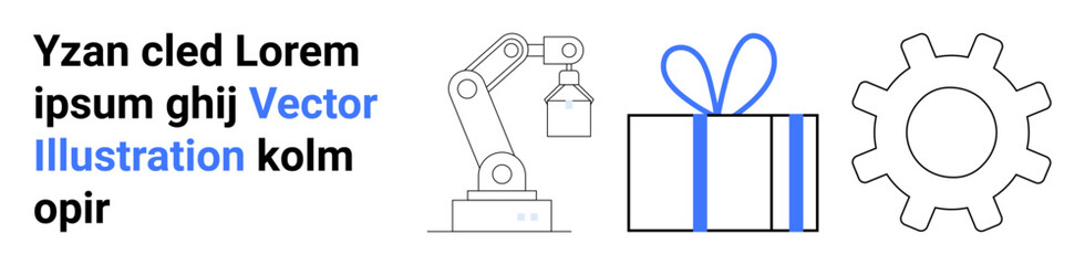 Robotic arm lifting object, present with bow, and gear icon suggest automation and manufacturing innovation. Ideal for industry 4.0, robotics, automation, production, efficiency machinery process