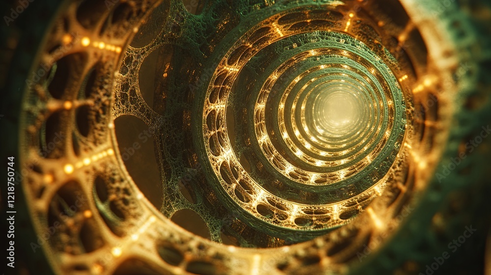 Poster intricate golden spiral structure with glowing patterns viewed from a central point providing a sens