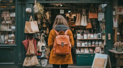 Naklejka premium Woman with backpack browsing goods in a small shop.