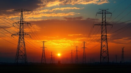 Innovative energy solutions commercial setup power lines at sunset urban environment wide view smart technology