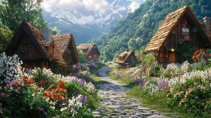 Fototapeta premium Enchanted Mountain Village, Fairytale Cottage Scene