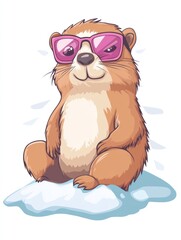 A cute groundhog wearing sunglasses and sitting on the snow, simple flat style vector illustration, white background, sticker design, solid colors with minimal details, simple shapes.