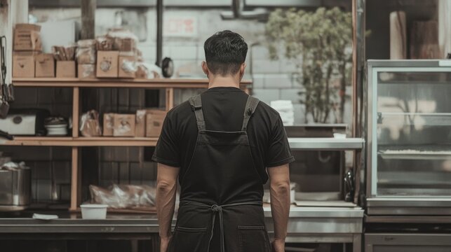 A chef stands in a commercial kitchen, facing away from the camera.