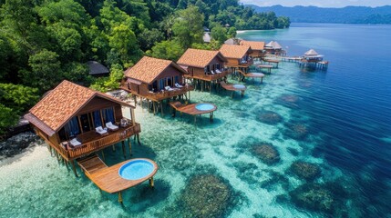 Obraz premium Overwater bungalows with private pools line a tropical beach