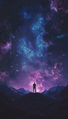 Fototapeta premium Mesmerizing northern lights dance across enchanting night sky, silhouetting a solitary figure in awe