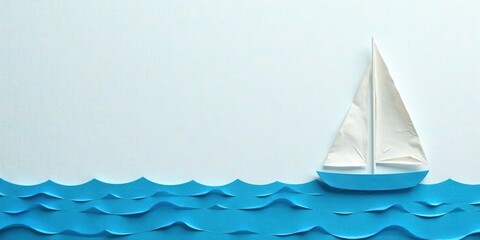 A solitary paper sailboat navigates a tranquil ocean of blue paper waves, symbolizing a journey of hope and serenity.