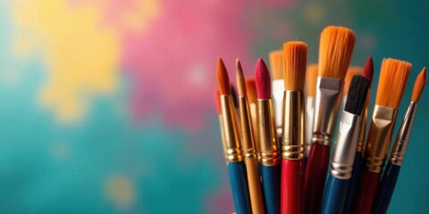 Fototapeta premium A vibrant collection of paintbrushes, poised for artistic expression against a colorful backdrop
