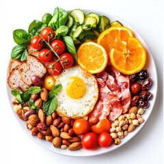 Healthy breakfast plate egg, bacon, fruit, vegetables, nuts.  Good for diet, nutrition websites