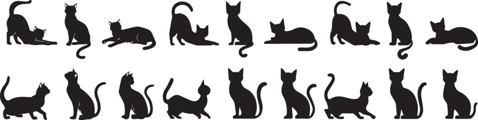 set of vector silhouettes of cats on a white background