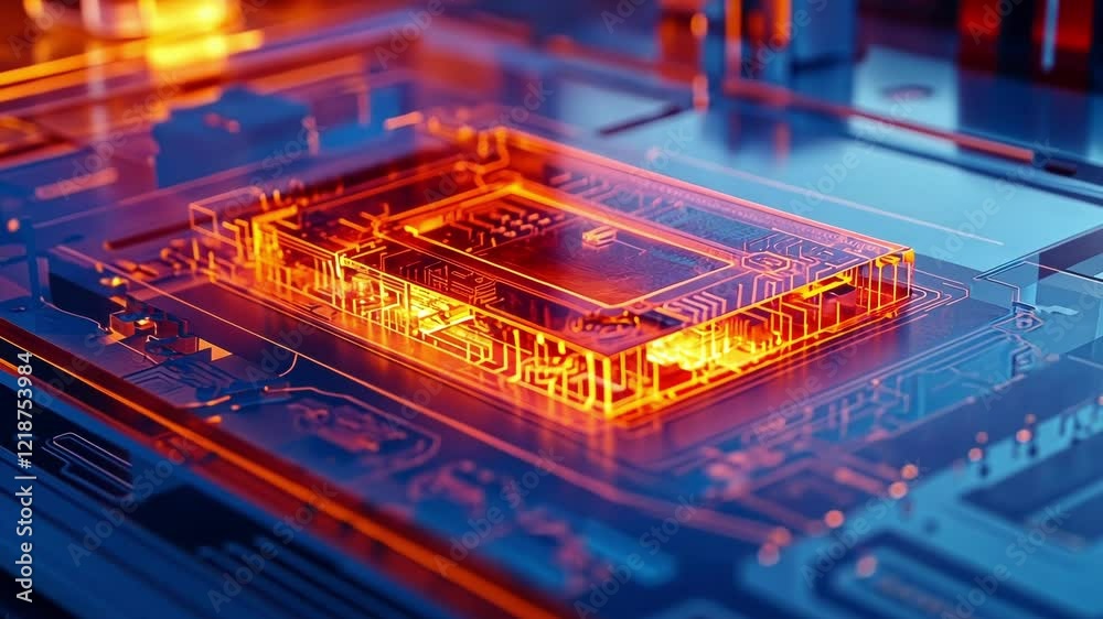 Poster robotic arm assembling futuristic transparent cpu in automated high tech factory illuminated by oran