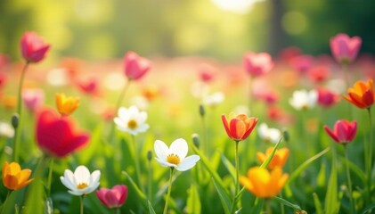 Obraz premium A field of colorful blossoms swaying gently in the wind, soft focus, sunlight filtering through,