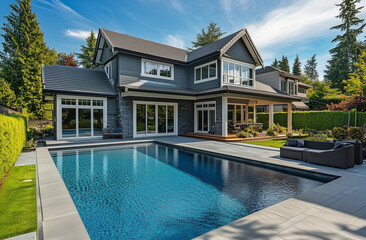 Fototapeta premium Luxurious private villa with a swimming pool. Evening ambiance in a countryside residence. Exterior of an elegant mansion featuring a pool.
