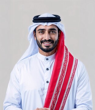 Handsome Saudi Arabian Man in Traditional Thwab &ndash; Arabic Muslim Businessman Portrait Against white Background.
