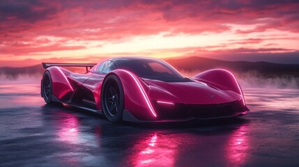 Pink supercar sunset asphalt mountains wallpaper