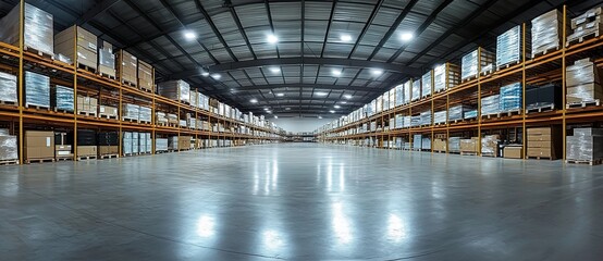 Fototapeta premium A wide-angle view of an empty warehouse with high ceilings and LED lighting, showcasing the vastness of industrial storage space for goods or materials. 