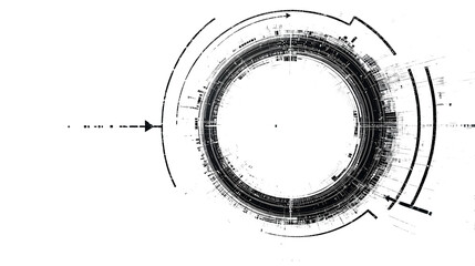 A minimalist, abstract circular timeline in black and white, using simple arrows and icons to represent the continuous cycle of historical events across different eras. Minimalism, Black and white