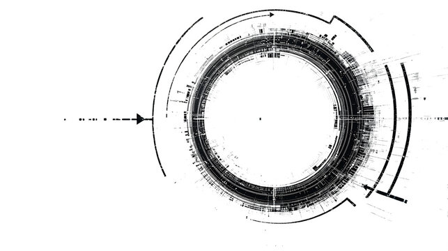 A minimalist, abstract circular timeline in black and white, using simple arrows and icons to represent the continuous cycle of historical events across different eras. Minimalism, Black and white