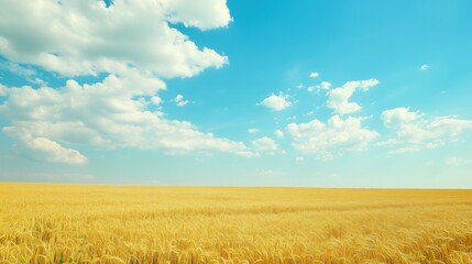Obraz premium Field of golden wheat under a bright blue sky - generated AI