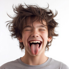 Photo of a teenage boy with messy hair, tongue sticking out, and a smile on a white background.