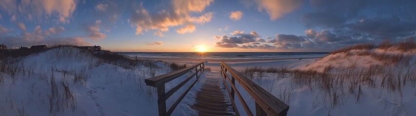 Fototapeta premium A wooden walkway leading to the beach, surrounded by dunes and sea grasses at sunset