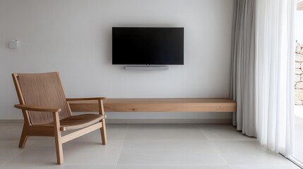 Modern minimalist living room with wooden chair and television