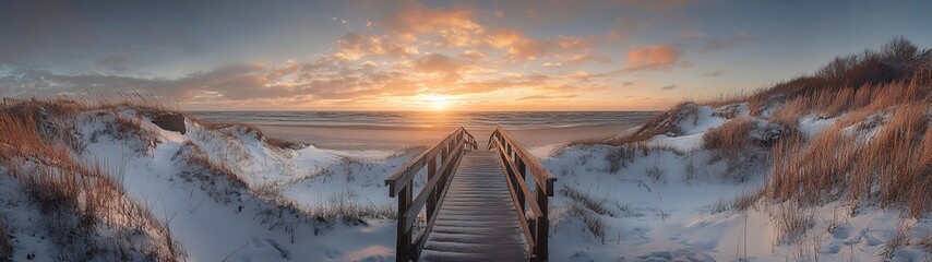 Naklejka premium A wooden walkway leading to the beach, surrounded by dunes and sea grasses at sunset
