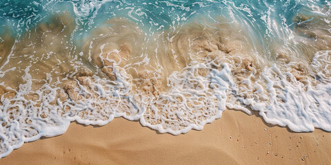 Blue sea ocean water wave on golden sand. Flat lay banner for vacation advertising, travel agency, holiday sales and backgrounds and backdrops with space for text