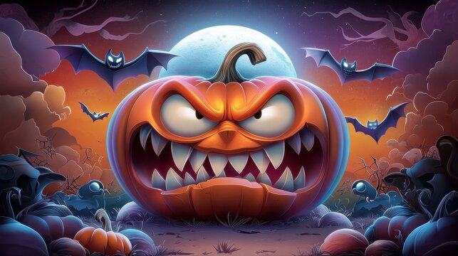 A cartoon-style angry pumpkin with exaggerated features, set against a Halloween-themed backdrop with bats and a full moon.
