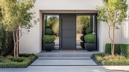 Modern front door with double glass and a grey frame, the house entrance in a minimalistic style with trees and planters on the sides of a gray stone floor, and white walls of a modern home