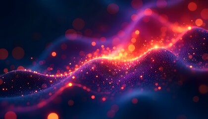 Fototapeta premium Abstract glowing waves with bright red particles on dark background creating a dynamic effect
