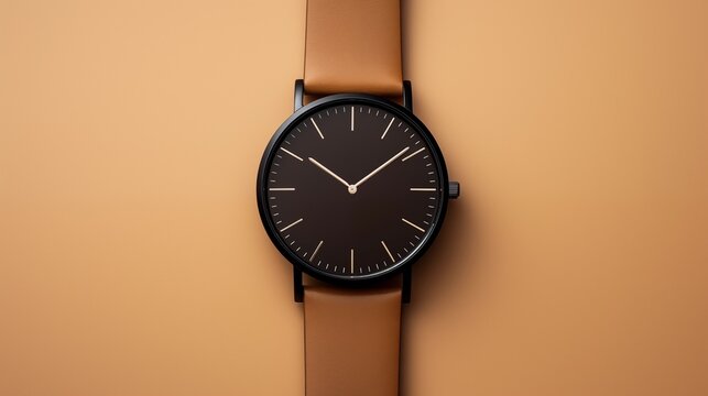 Elegant black watch with a leather strap displayed on a neutral beige background under soft lighting