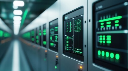 Futuristic Data Center with Green Monitors Displaying Technology Information in a High-Tech Environment