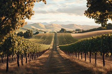 Fototapeta premium Beautiful vineyard landscape with rolling hills and golden sunlight during sunset in a serene countryside setting. Generative AI