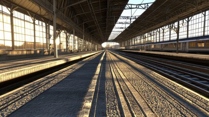 Obraz premium Sunlit Railway Station Platform Tracks and Trains