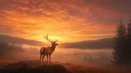A male deer with large antlers standing on a hilltop, silhouetted against a dramatic sunset sky.