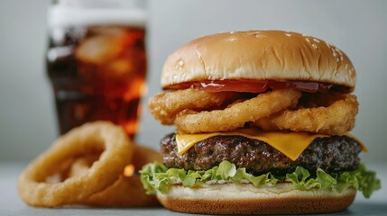 Delicious double cheeseburger with onion rings and drink fast food restaurant photography indoor close-up