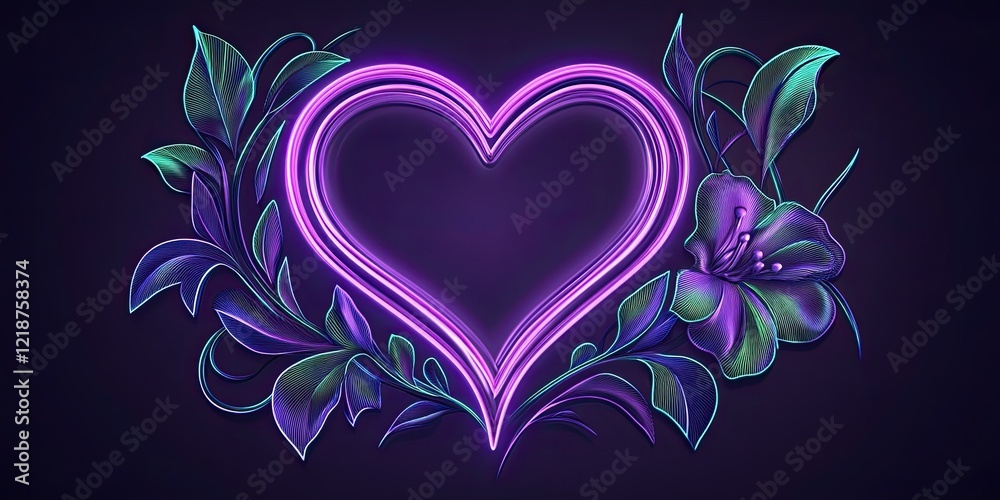 Canvas Prints Neon Heart Adorned With Intricate Floral Designs