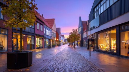 Fototapeta premium A scenic view of Aarhus city center, featuring colorful buildings, cobblestone streets, and a lively urban atmosphere