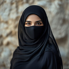 Naklejka premium A stunning woman with beautiful eyes wearing a black abaya and hijab, with half her face covered by a mask.