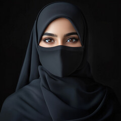 Naklejka premium A stunning woman with beautiful eyes wearing a black abaya and hijab, with half her face covered by a mask.