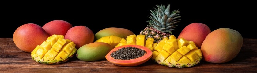 Tropical fruit still life mangoes, pineapple, papaya on wood.  Recipe, food blog use