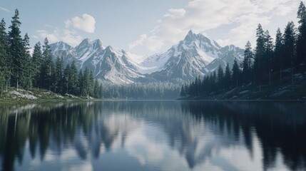 Obraz premium Serene Mountain Lake Reflection, Breathtaking Panorama of Alpine Scenery