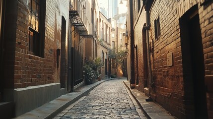 Obraz premium An alleyway in an industrial area of Sydney, with brick buildings and cobbled streets, has a cinematic feel