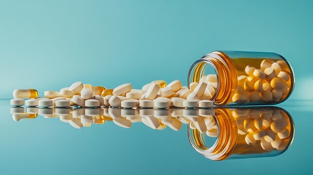 A thought-provoking composition featuring scattered pills and a prescription bottle, mirrored on a glass table, emphasizing the concept of medicine misuse.