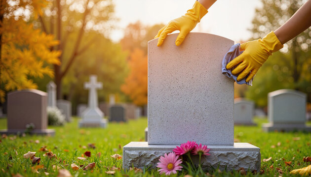 Caring hand polishing grave marker in serene cemetery, remembrance